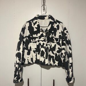 Cow Print Cropped Denim Jacket
